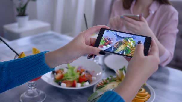 Essen Foto, Arm des Mädchens mit Handy für Bilder von vegetarischer Mahlzeit während gesundem Frühstück für soziale Medien — Stockvideo