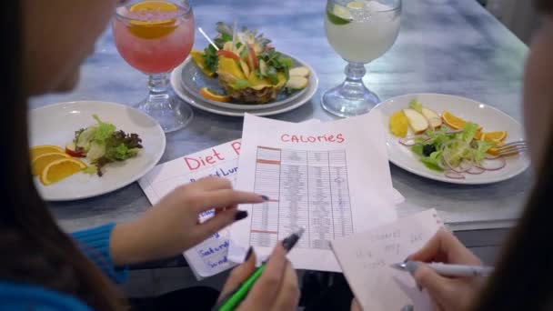 Dieta saludable, las mujeres hacen plan de dieta para la pérdida de peso durante el recuento de calorías durante el desayuno — Vídeo de stock