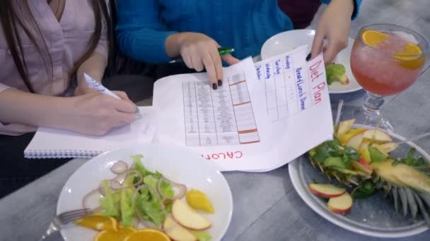 Estilo de vida saludable, las niñas cuentan las calorías con el calendario de planificación de la dieta en la hoja de papel durante el almuerzo — Vídeos de Stock