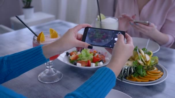 Pożywienie, ramię blogerki kobieta za pomocą telefonu komórkowego do zdjęcia wegetariańskiego jedzenia podczas zdrowego lunchu dla sieci społecznych — Wideo stockowe
