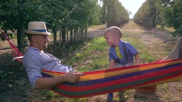 Familia alegre, niño feliz sacude a su padre en la hamaca cerca de la cesta de la fruta en el jardín de manzana en cámara lenta — Vídeo de stock