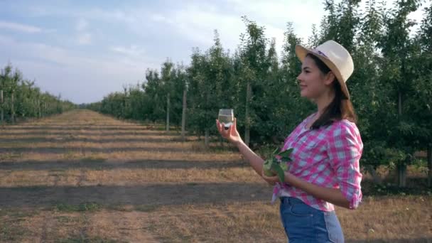 Elma bahçesinde genç bir aile, anne bir bardakta meyve suyu ve susamış küçük oğlu için meyveler taşıyor. — Stok video