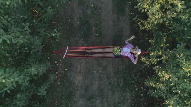 Disfrutando de la naturaleza en hamaca, vídeo aéreo de chica con una cesta de frutas come manzana en cámara lenta — Vídeos de Stock