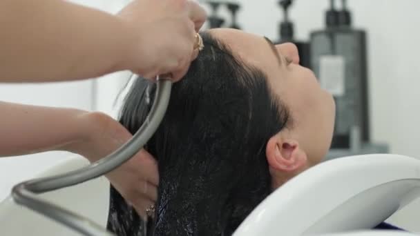 Salon de coiffure, tête de lavage de fille dans l'évier sous la douche au salon de beauté — Video