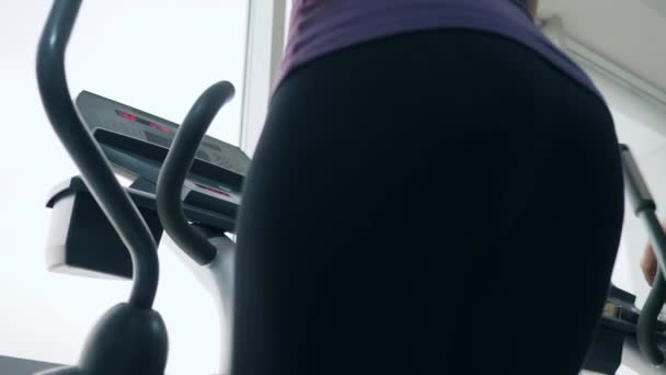 Corpo atlético, mulher faz exercício em treinadores elípticos — Vídeo de Stock