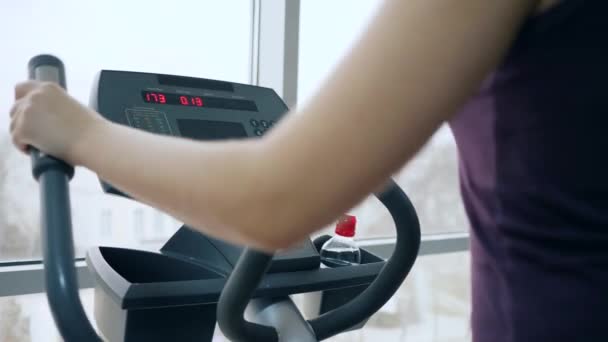 Losing weight, female on Elliptical trainers in sports Complex — Stock Video