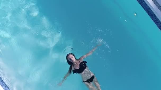 Mulheres bonitas com bela figura em maiô relaxa em azul Piscina em férias de verão — Vídeo de Stock