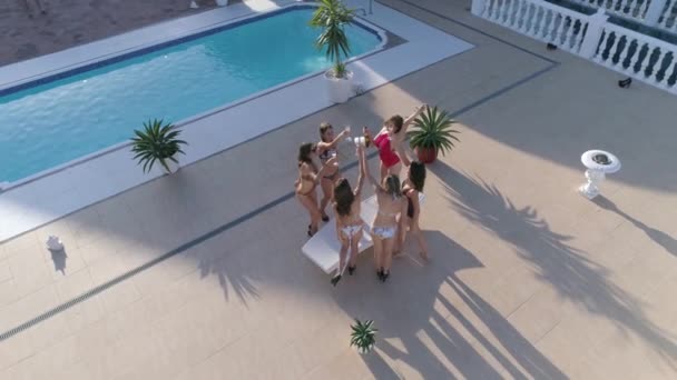 在夏天昂贵的假日里，穿着游泳衣的快乐姑娘们在游泳池边跳舞喝酒 — 图库视频影像