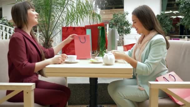 Спосіб життя покупця, радісні дівчата п'ють чай в кафе під час шопінгу в сезонних розпродажах і знижки на чорну п'ятницю в бутики — стокове відео