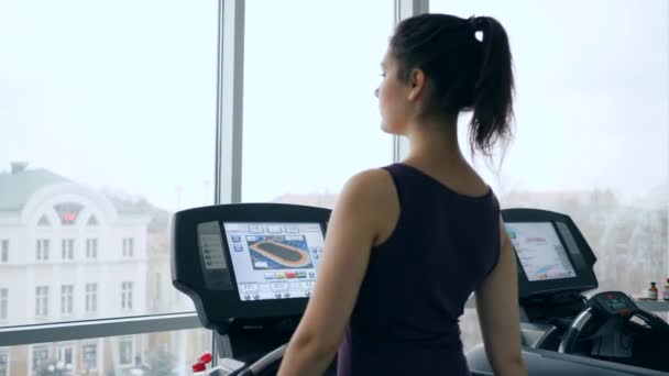 Poranne ćwiczenia, kobieta uprawiająca sport w nowoczesnej siłowni na tle okna — Wideo stockowe