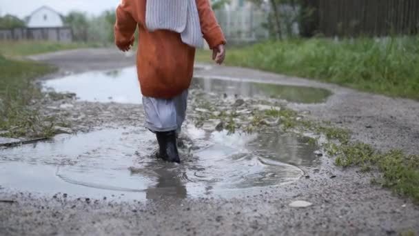 Niño pequeño en botas de goma corriendo alegremente y cayendo en un charco después de la lluvia en un camino rural — Vídeos de Stock