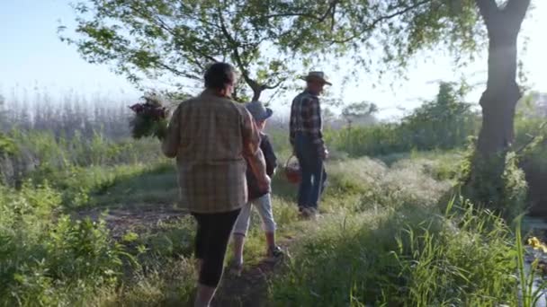 Tiempo en familia en la naturaleza, anciano saludable y su esposa con pequeño nieto feliz ir de picnic con canasta de mimbre a lo largo del camino entre los árboles — Vídeo de stock