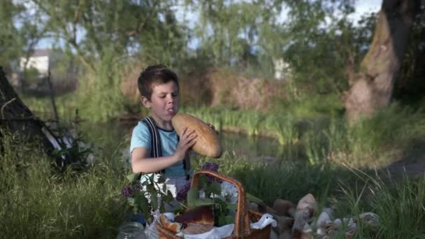 Пікнік, мила голодна дитина чоловічої статі з хорошим апетитом їсть хліб і п'є молоко на пікніку біля річки — стокове відео