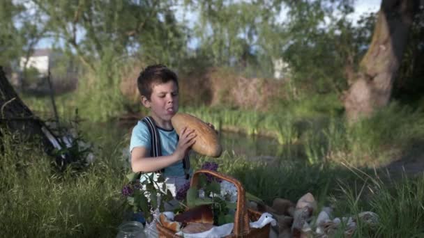 Piknik, roztomilý hladový chlapec s dobrou chutí k jídlu jí chléb a pije mléko na pikniku u řeky — Stock video