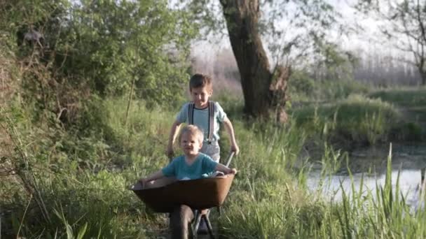 Children rest in the countryside, cheerful cute boy fooling around with his brother in wheelbarrow — Stock Video