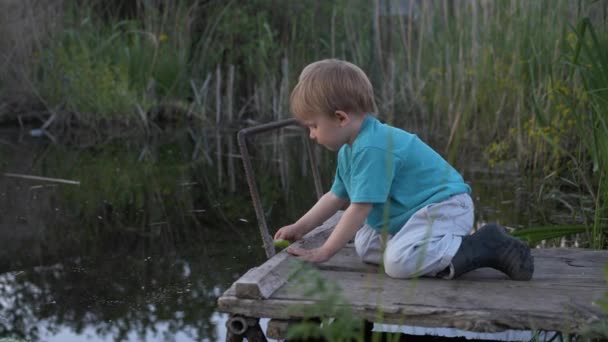 La infancia, pequeño niño alegre masculino en botas de goma disfruta jugando en el muelle en el río durante las vacaciones en el pueblo — Vídeos de Stock