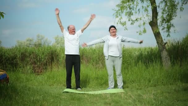 Health care, cheerful elderly woman and man perform physical exercises to maintain healthy body standing on yoga mats — Stock Video