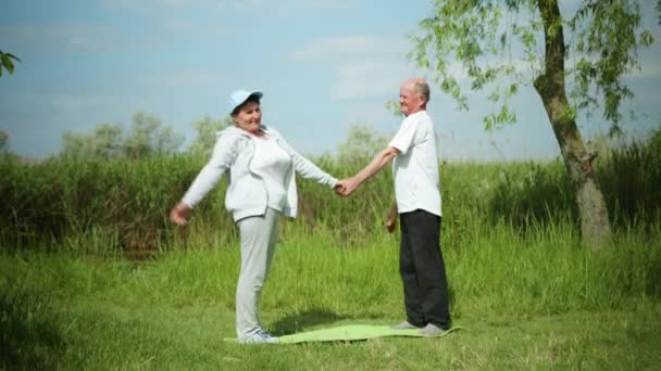 Cheerful elderly married couple take care of their health and perform physical exercises on a yoga mat on a sunny morning on nature — Stock Video