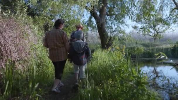 Ta hand om morföräldrar, liten snygg pojke paddla tillbringa tid med sina äldre föräldrar, barnbarn kramar sin mormor under en familjevandring — Stockvideo