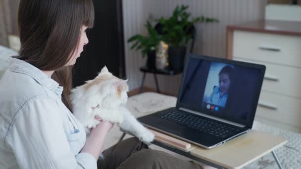 Cura degli animali, amorevole ragazza è preoccupato per la sua salute gatti e consulta un veterinario online utilizzando la tecnologia digitale — Video Stock