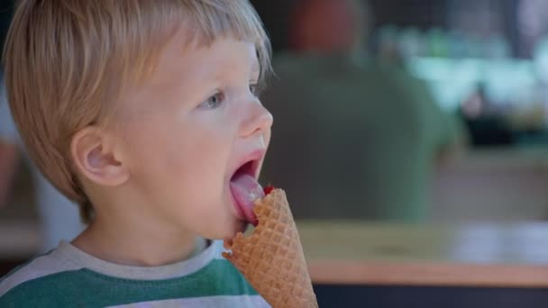 Fagylalt, kis vonzó fiú élvezi nyalogatja a nyelvét a nyári hűvös desszert jégkrém gofri csészében — Stock videók