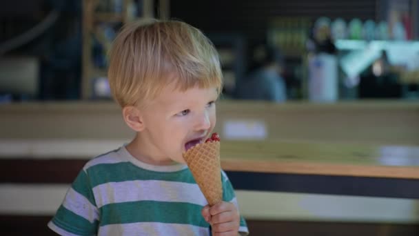 Kleine charmante jongen eet met plezier onder het genot van zoete gezonde zomer dessert, mannelijke kind likt ijs terwijl ontspannen in restaurant — Stockvideo