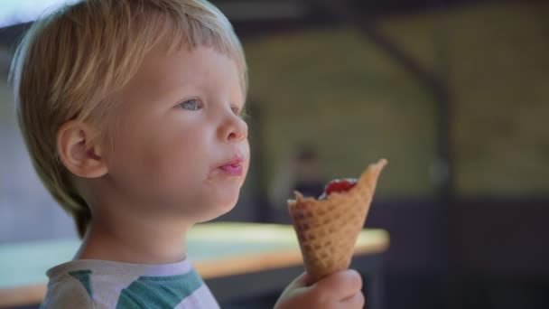 Dessert, petit enfant mâle dent sucrée avec plaisir mange de la crème glacée fraîche sucrée avec des fruits pendant les vacances d'été — Video