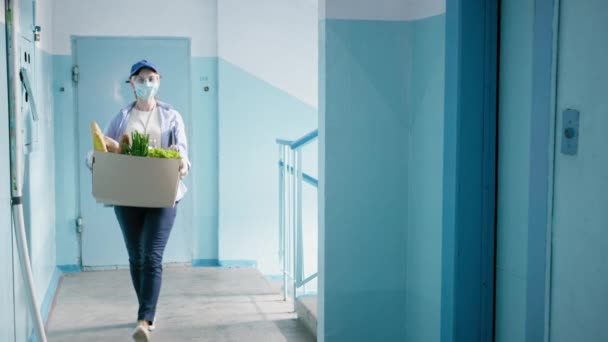 Tienda en línea, mujer joven en máscara médica y gafas con guantes para proteger su salud contra el virus mortal entrega cesta de comestibles a niña en casa durante la pintura y el auto-aislamiento — Vídeos de Stock