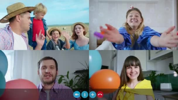 Amigos de grupo y la familia utiliza la tecnología de videoconferencia, las personas con tuberías festivas y globos miran a la cámara web y felicitan feliz cumpleaños, vista de pantalla — Vídeos de Stock