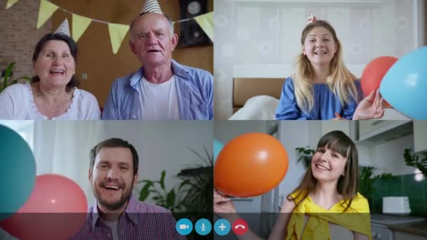 Szczęśliwy dziadek i babcia śpiewać piosenkę podczas wirtualnego przyjęcia urodzinowego online, ludzie z balonami dmuchać rury na kamerce internetowej, ekran komputera widok collage — Wideo stockowe