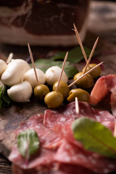 Italian Antipasti Wooden Table Close — Stock Photo, Image