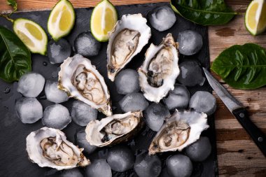 İstiridye taş plaka buz ve limon ile siyah