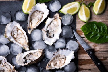 İstiridye taş plaka buz ve limon ile siyah