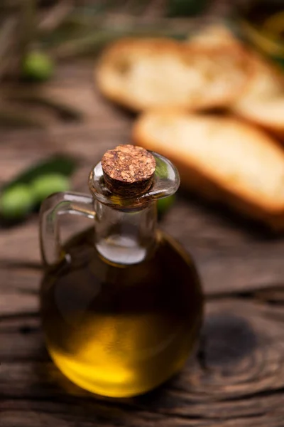 Olive Oil Bread Wooden Table Rustic Vintage Composition — Stock Photo, Image