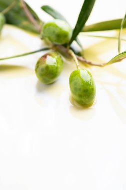 Üç zeytin ve zeytinyağı beyaz arka plan üzerinde yaprakları ile 