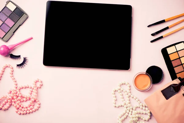 Lady Posto Lavoro Con Notebook Make Vista Dall Alto — Foto Stock