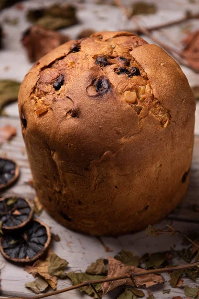 Panettone Italiaanse Traditionele Kerst Houten Tafel — Stockfoto