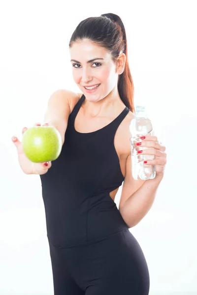 Retrato Una Joven Sosteniendo Una Manzana Sobre Fondo Blanco —  Fotos de Stock