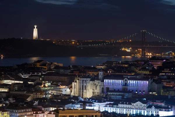 Geceleri Işıklı Binaları Ile Şehir Merkezinin Lizbon Hava Panorama Görünüm — Stok fotoğraf