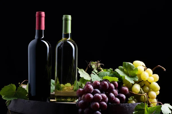 Auswahl Weinflaschen Mit Frischen Trauben — Stockfoto