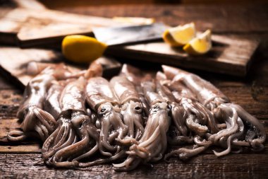 Akdeniz üzerinden taze totani kalamar. Sicilya Pazar