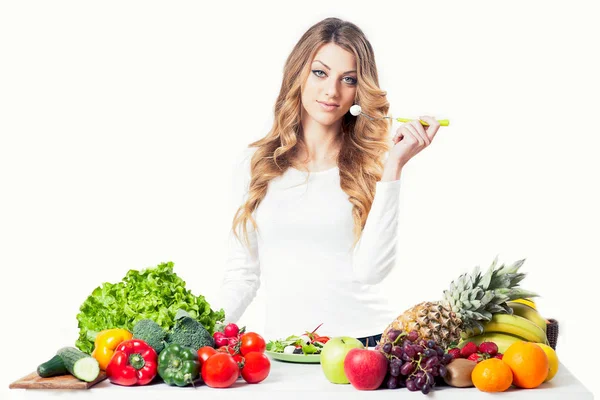 Young attractive woman eating salad close up — Stock Photo, Image