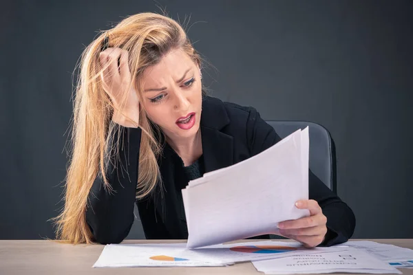 Blond Woman Feeling Stress Because Paper Work Office Isolated — Stock Photo, Image