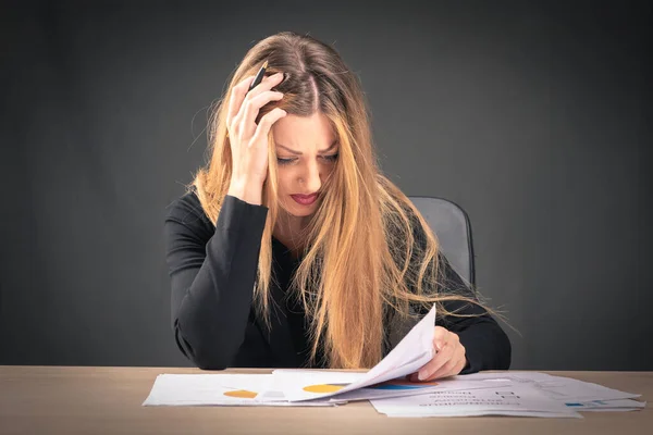 Blond Woman Feeling Stress Because Paper Work Office Isolated — Stock Photo, Image