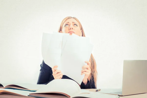Blond Woman Feeling Stress Because Paper Work Office Isolated — Stock Photo, Image