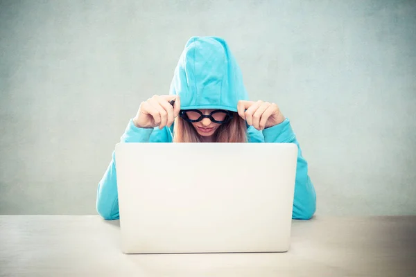 Woman Working Laptop Hoodie Sitting Desk — Stock Photo, Image
