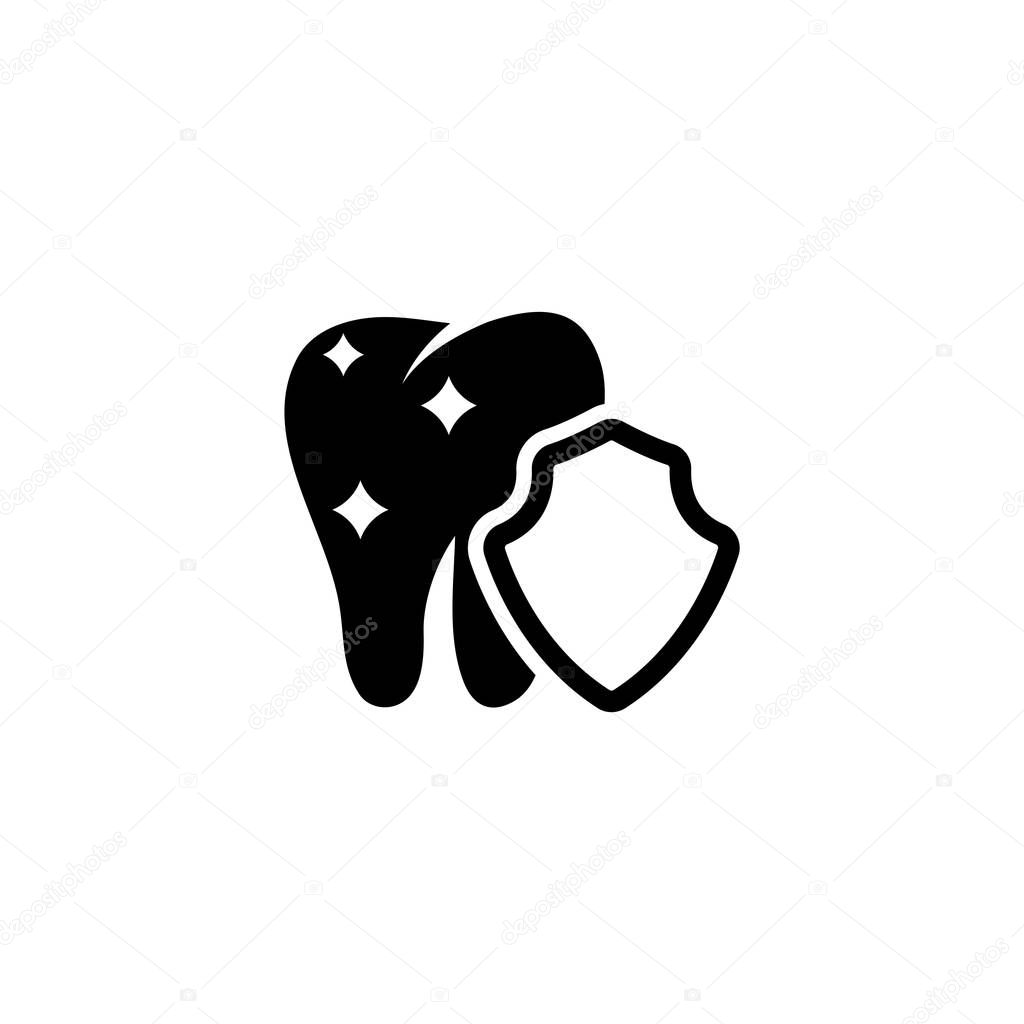 Tooth Protection, Dental Care Shield. Flat Vector Icon illustration. Simple black symbol on white background. Tooth Protection, Dental Care Shield sign design template for web and mobile UI element