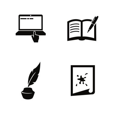 Yaratıcı yazma, hikaye anlatımı. Basit ilgili Vector Icons Set Video, mobil uygulamalar, Web siteleri, yazdırma projeleri ve tasarım. Yaratıcı yazma simgesi beyaz arka plan üzerinde siyah düz illüstrasyon.
