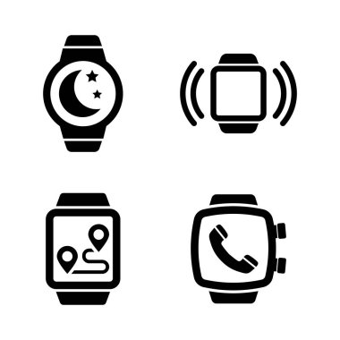 Smartwatch, akıllı saat. Basit ilgili Vector Icons Set Video, mobil uygulamalar, Web siteleri, yazdırma projeleri ve tasarım. Smartwatch, akıllı Saat simgesi beyaz arka plan üzerinde siyah düz illüstrasyon.