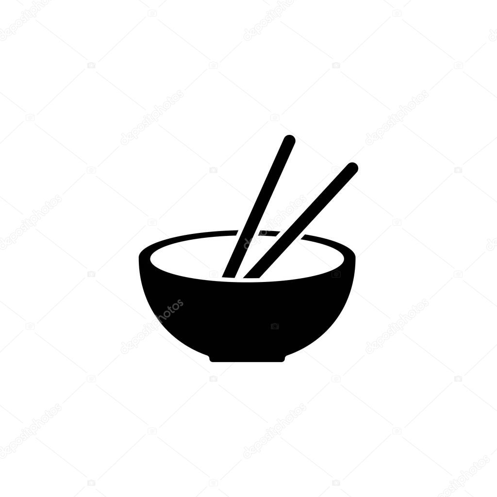 Chinese Plate with Chopsticks, Soup. Flat Vector Icon illustration. Simple black symbol on white background. Chinese Plate with Chopsticks, Soup sign design template for web and mobile UI element